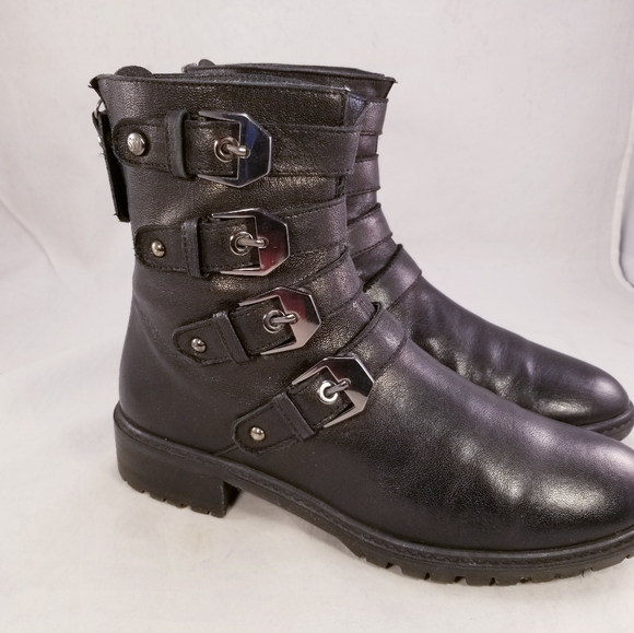 STUART WEITZMAN 4 BUCKLES STRAP BACK ZIPPER BLACK LEATHER WOMEN BOOTS SIZE 6.5 M - Picture 4 of 11